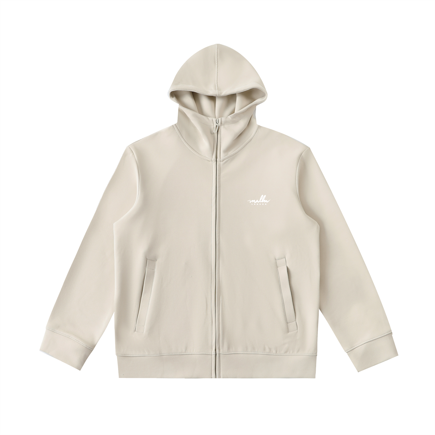 Beige hoodie with a brand logo on a white background