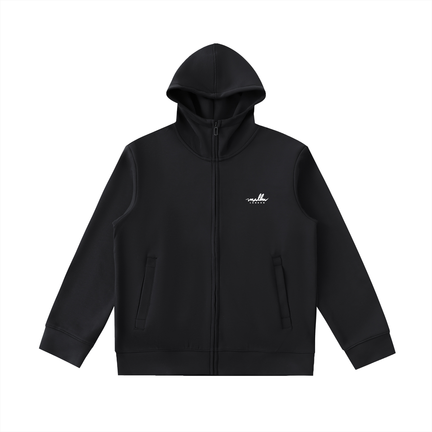Black hoodie with a small white logo on a white background